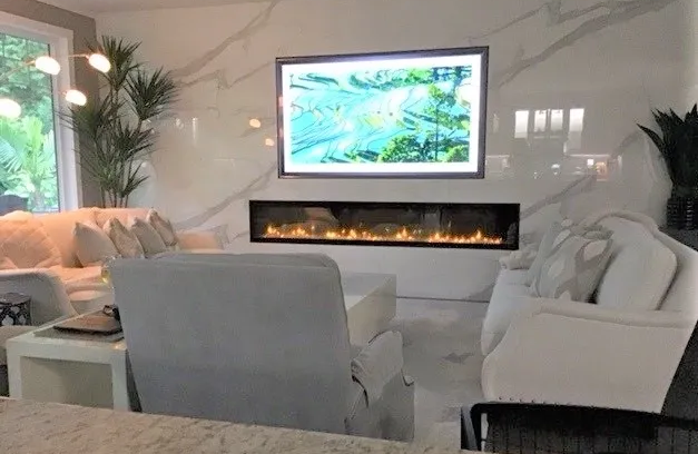 Porcelain Fireplace and TV Surround Neolith. Colour: Estatuario Polished